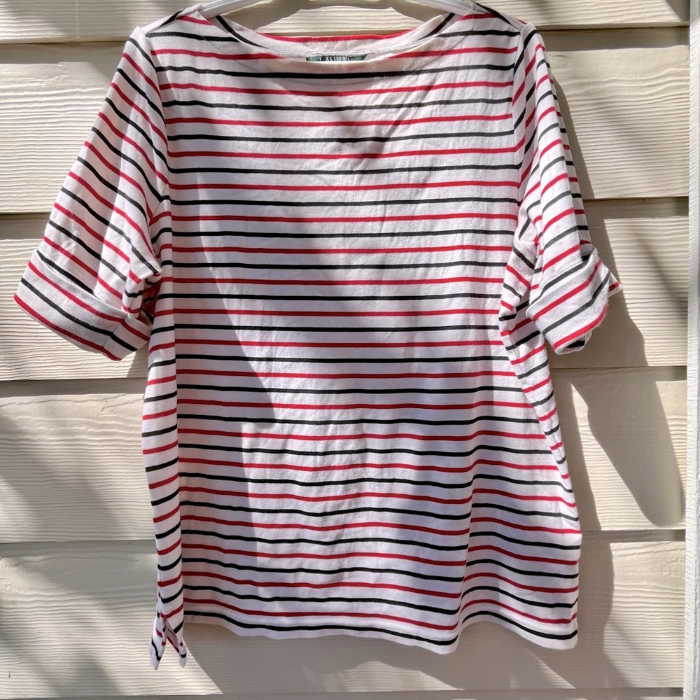 1x Lauren Woman by Ralph Lauren boat neck  top. White with red & black stripe